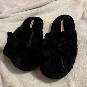 Victoria's Secret Black Plush Bow Slippers